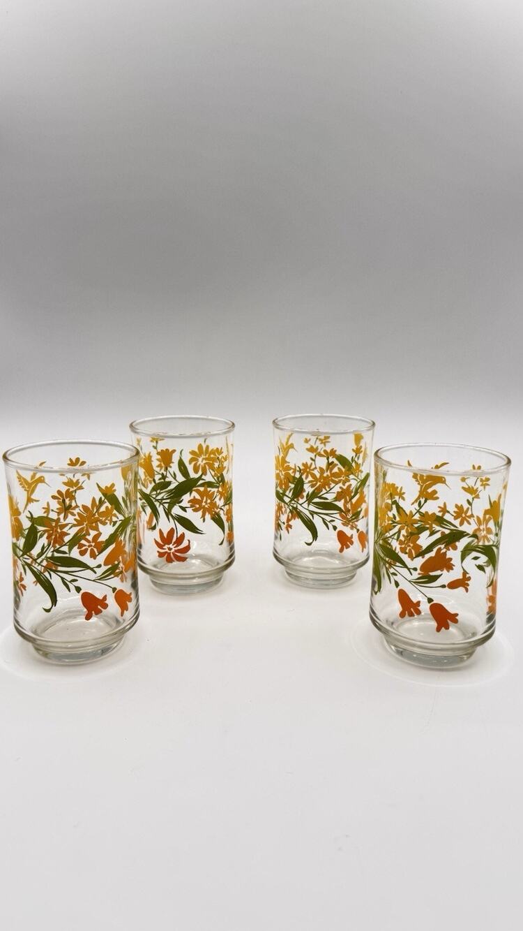 Libby’s Set Of 4 Juice Glasses Hummingbird Floral Pattern Vintage GC